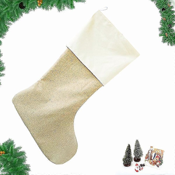 Julstrumpor i säckväv, julstrumpor för upphängning vid öppna spisen, juldekoration, DIY-hantverk (1 st, vit)