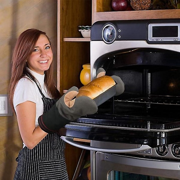 1 stk. Ovnvotter Dobbel Ovnshanske, Grillhansker i Lær Universal Varmebestandig Ovnvotter Lange Tykke Myke Bomulls Ovnvotter for Kjøkken Grilling Baking