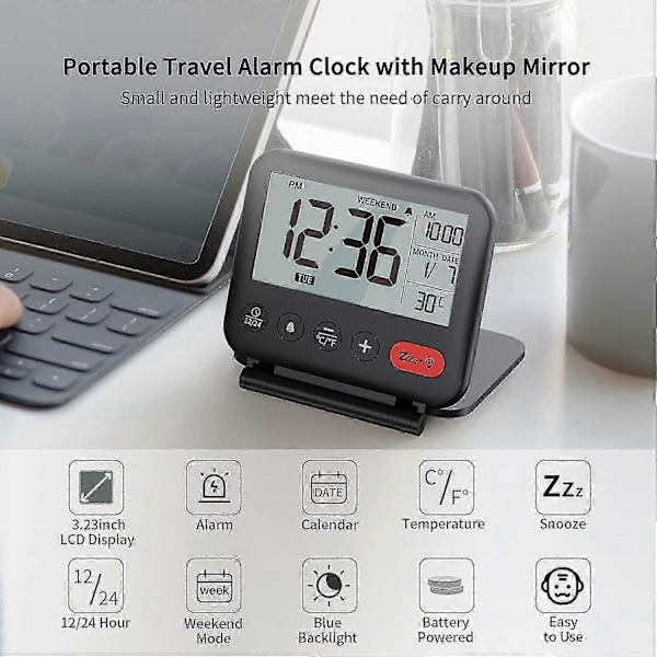 Digital Reseväckarklocka Mini Portabel LCD-skärm Klocka med Bakgrundsbelysning Kalender Temperatur Snooze 12/24H Sminkspegel, Liten Vikbar Batteridriven