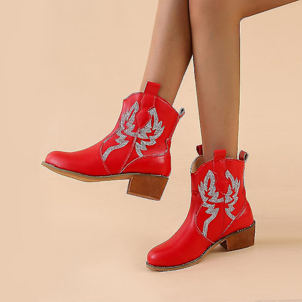 Casual Mid Heel Wide Width Dame Cowboy Ankle Boots38 Rød