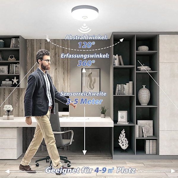 LED Loftlampe med Bevægelsessensor 9W Kølig Hvid IP56 Vandtæt Rund LED Loftlampe til Udendørs Indendørs Trappe Badeværelse Garage Korridor