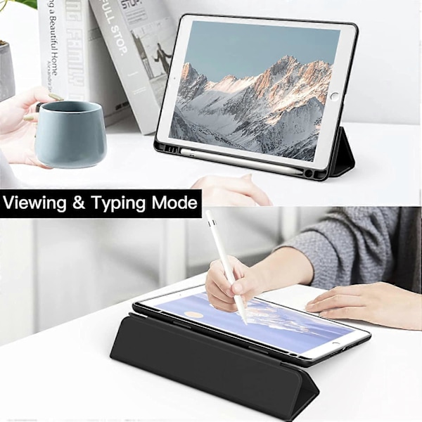 Sort Etui til iPad 10.2 tommer (9./8./7. generation, 2021/2020/2019) med Blyantholder, Slankt Gennemsigtigt Bagcover Stødsikkert Stativ Tablet