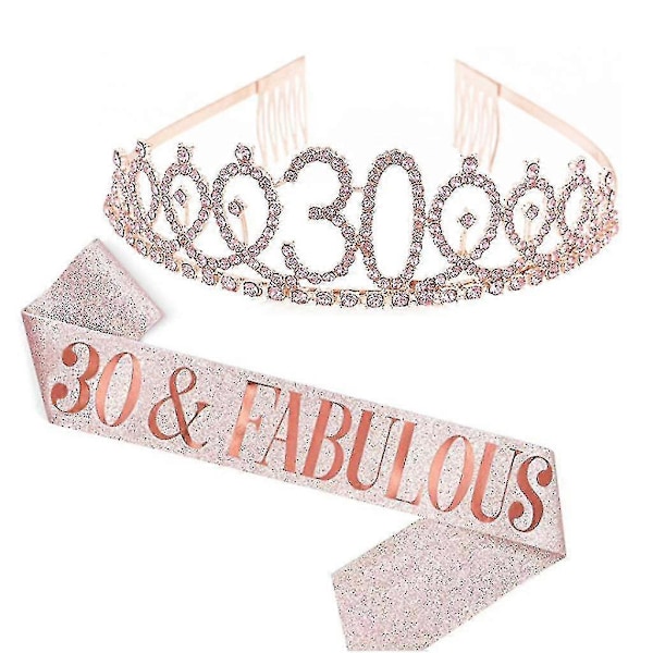 Kvinnor Glitter Strass Bokstavstryck Skärp Tiara Set Födelsedagsfest Tillbehör Zekai Roséguld 30 År