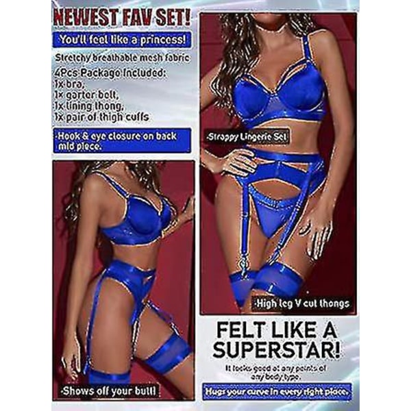 Strappy Lingerie Set med Strømpebånd, BH, Truser og Lårstropper M blå