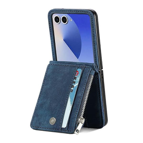 Compatible with Samsung Galaxy Z Flip8 Case Detachable 2-in-1 Card Slots Zipper Leather + PC Phone Case Blue