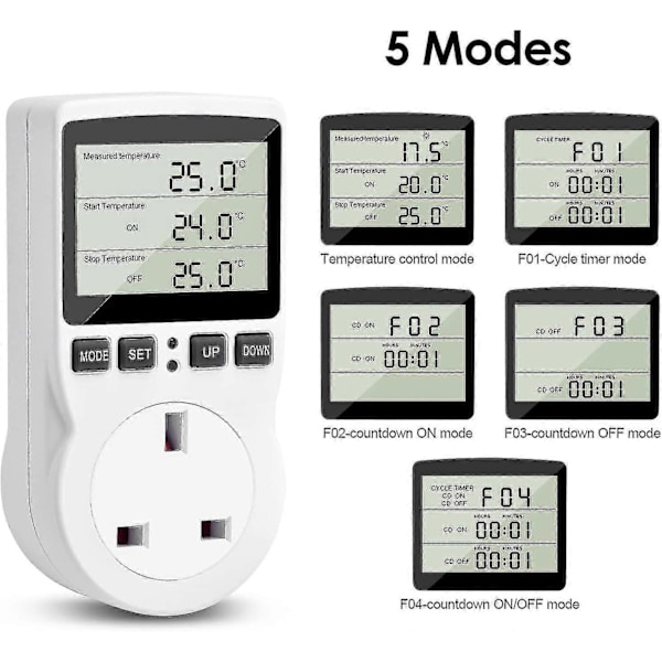Digital Termostat, 230V Temperaturregulator Stikkontakt, 13A Timer Switch Stik Med Sensor Til Reptil Drivhus Hjemme Fermentering - JRSZ AU