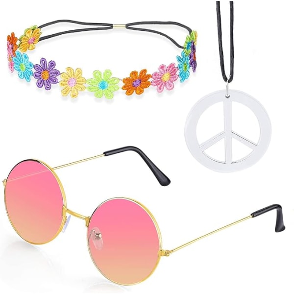 Kvinder Hippie kostume sæt - 60'er 70'er stil retro vintage briller Fredstegn halskæde Solsikke krone hårbånd