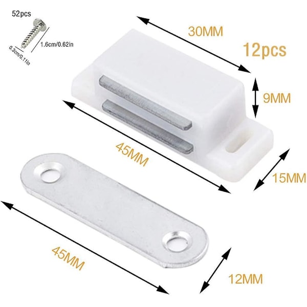 Magnetisk dörrlås för skåp - 12 st + 52 st skruvsats - Magnetlås för kök, garderob, skåp - Vit