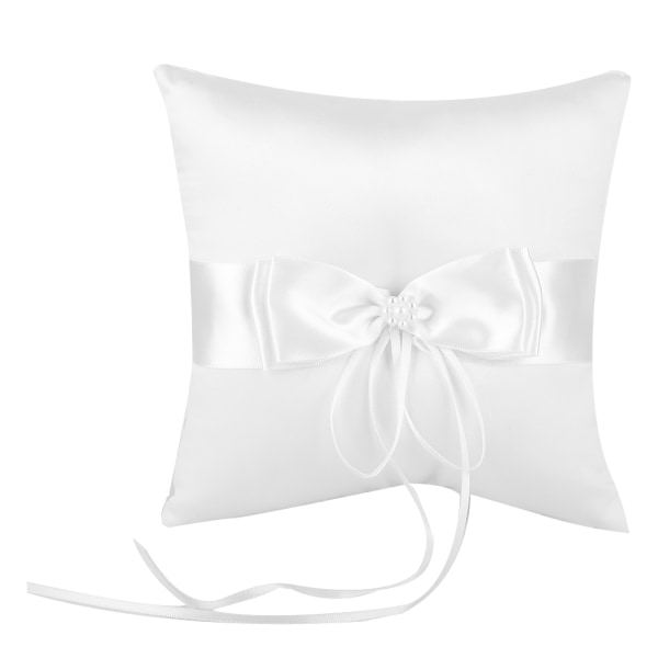 Hvit sateng sløyfe ringbærer puteholder bryllupsring pute med simulering perle 15*15cm