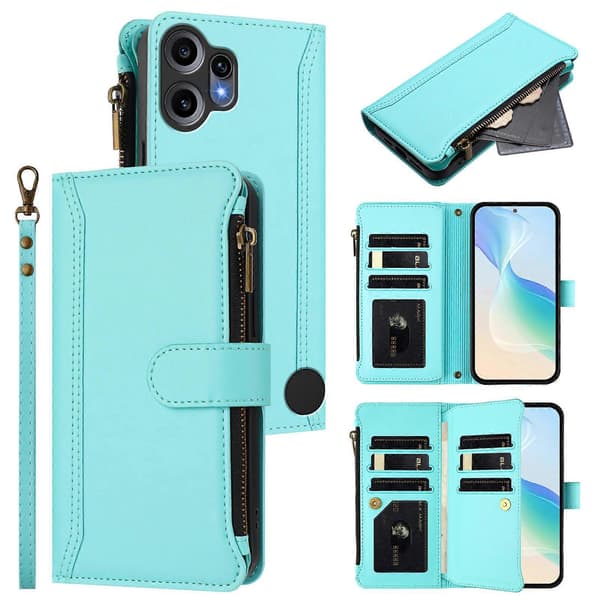 Compatible with Nothing CMF Phone 2 Pro Leather Case 9 Card Slots Zipper Wallet Stand Phone Case with Wrist Strap LightGreen