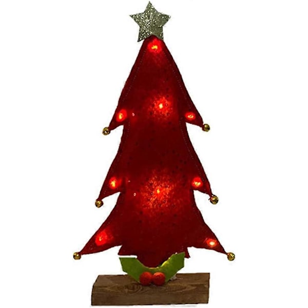 Bordplade Juletræ med Lys, Mini Juletræ i Stof med Træfod LED Lys Bord Skrivebordsdekoration Julegave 33x18cm (Rød)