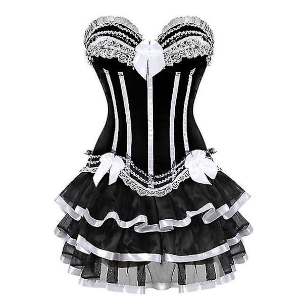 Women's Sexy Overbust Corset and Skirt Set - Black/White - Size L-XL