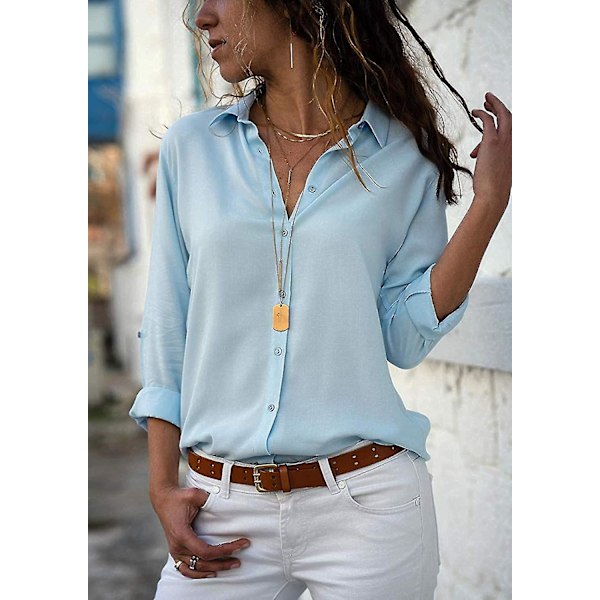 Elegant V-hals monokrom chiffonbluse for kvinner - Lyseblå XL