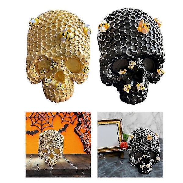 Honeycomb Skull Skulptur Figur Hylde Halloween Statuer Ornamenter 1 stk. - gul)
