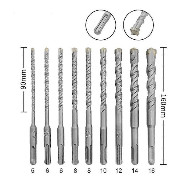 Betonbor, 9 stk. (5mm 16x160mm), SDS-Plus elektrisk slagboremaskinebor til slagboremaskine, krydsbor til mursten, sten, natursten