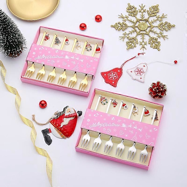 Julkaffeskedar, 6 Julgafflar Silver Julstål Dessert Te Gaffel med Julhängen Julgran Älg Hatt Klockor, Presentförpackning