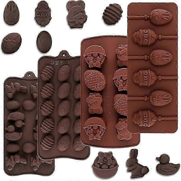 Påsk Silikonformar, 4 st Chokladformar Kanin Anka, Påskägg Bakform för Godis, Kakor, Gelé, Desserter