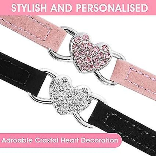Justerbart hjerteformet halsbånd med klokke, justerbart halsbånd med rhinestone sikkerhedssele til små katte og hunde (Sort+Pink)