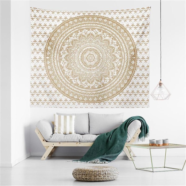 Bohemian Shadow Mandala Vægtapet - Guld og Hvid, 150x200 cm