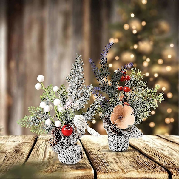 Sæt med 2 Mini Kunstige Juletræer, 24,1 cm, Med Stofposebase og Blomst til Boligindretning, A1