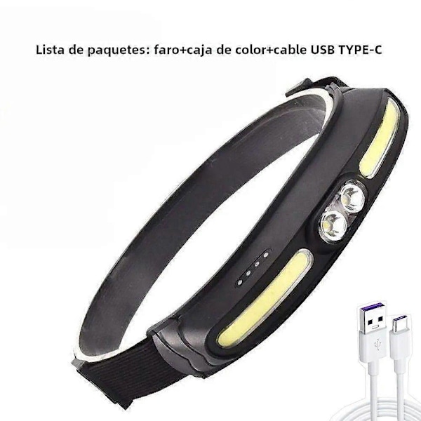 COB+LED Pannlampa, Kraftfull 210° Bred Vinkel Justerbart Band, USB-C Uppladdningsbar, Rött Ljus Anpassningsbar för Vandring, Resor, Expeditioner, Fiske
