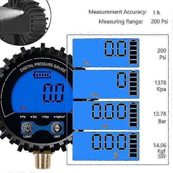 Däcktrycksmätare Digital Däcktestare Display Lufttryck Manometer Snabbkoppling Koppling Gänga
