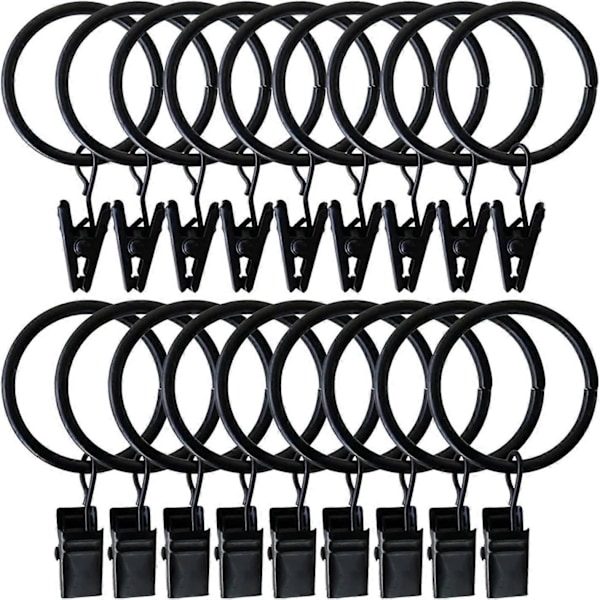 Gardinringe, 20 stk. Sorte metal gardinringe med klemmer Gardinkroge til vindue soveværelse stue balkon gardinstænger (50 MM)