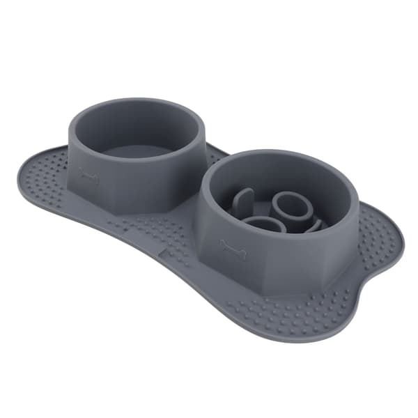 Silikone Dobbelte Kæledyrsskåle Kæledyrsfoder Vandskåle Dobbelte Kæledyrsfoderskåle med Spildsikker Måtte til Hunde Katte S 37,5x20,5cm
