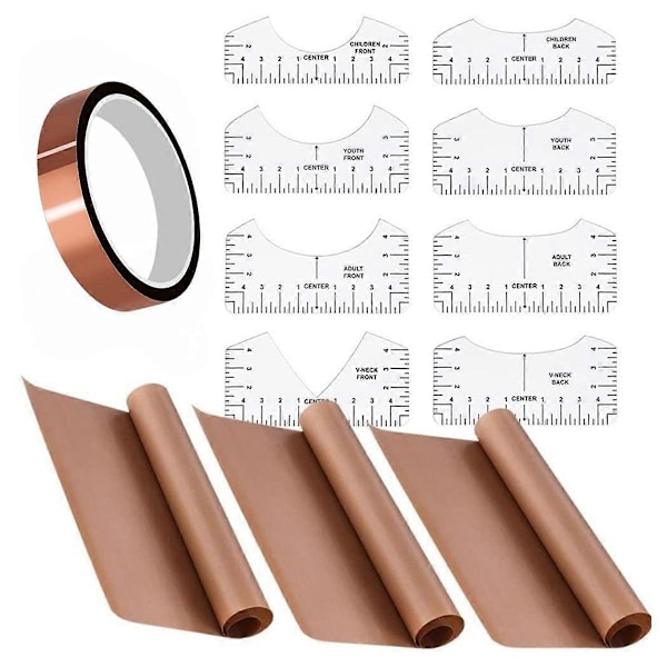 3 PTFE-ark for varmepresse, 8 T-skjorte-guide, 1 varmebestandig tape