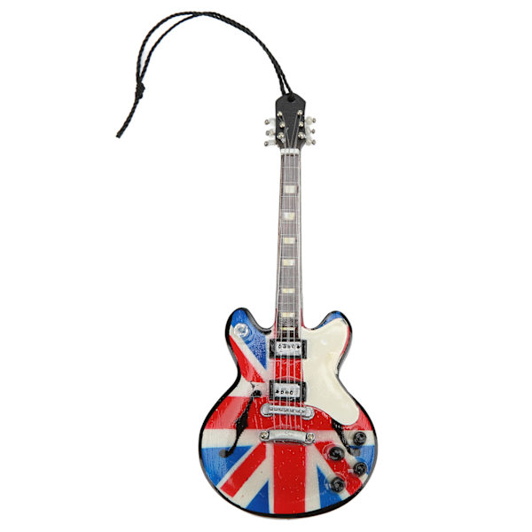 Musikkinstrumentanheng i britisk flagg-stil, gitarform i tre, utsøkt vakker, fin detaljert minianheng