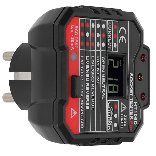 HT106D Digital Display Socket Detector Bærbar Fase Strøm Polaritet Tester EU Plugg 110-220V