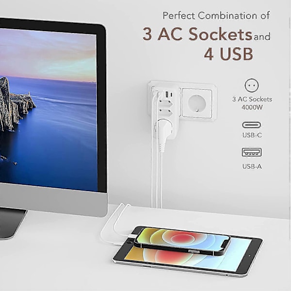 7-in-1 Pistorasia-adapteri USB-laturilla - 3 Pistorasiaa, 3 USB-porttia, 1 Type-C-portti (Valkoinen)