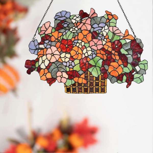 Färgglad blomkorg i målat glas, fönsterpanel, hängare, glaspaneldekor för hemgåva A