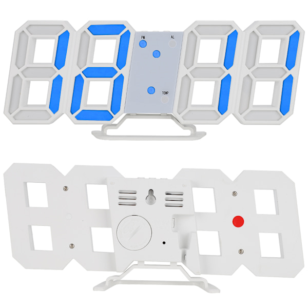 3D Digital LED Væg Ur Alarm Nummer Tid Display USB Opladning Hjem Ure (blå)