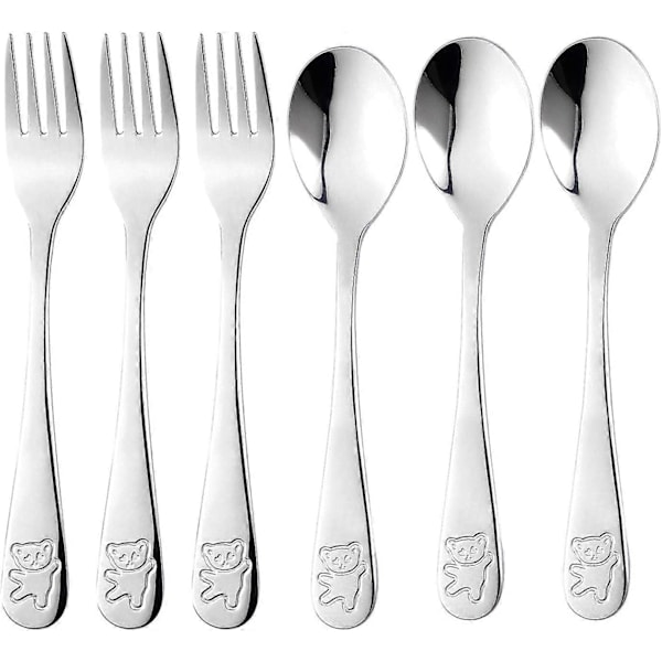 Barnbestickset i rostfritt stål 3 x Gaffel och 3 x Sked för Användning Hemma och i Skolan (Björn, Silver)
