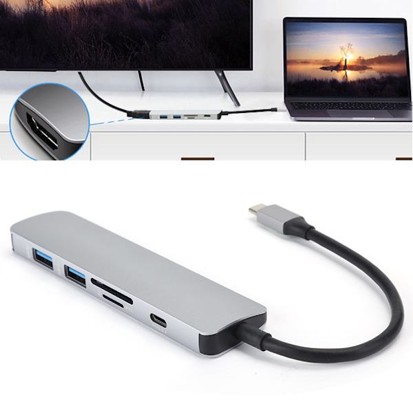 Type-C 6 i 1 Hub Multifunktionel Udvidelsesdock Type-C til HDMI/USB3.0/PD3.0 Opladning