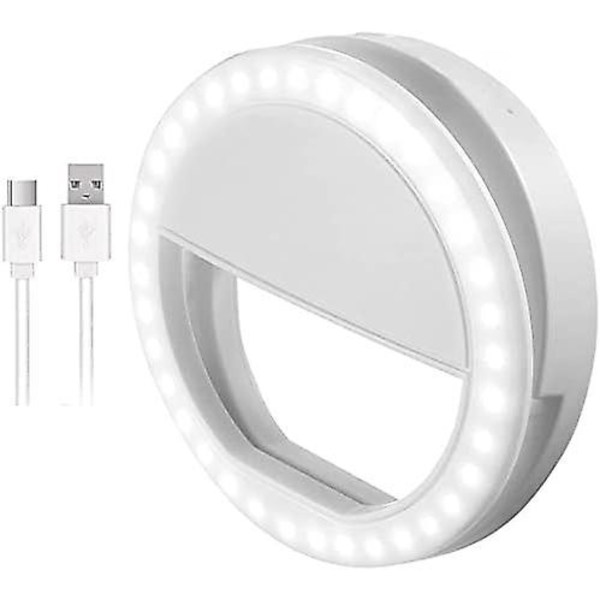 Genopladeligt Selfie-ringlys med 28 LED-fyldningslys og justerbare lysstyrkeniveauer, hvid