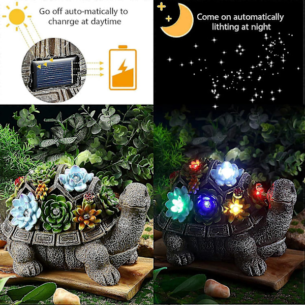 Solar Skildpadde Havefigur Skildpadde Statue Udendørs Dekor Vandtæt Resin Havepynt Skildpadde Skulptur Ornament med 7 LED'er til Terrasse Græsplæne Have Gar