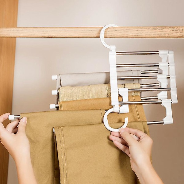 Byxhängare, (5 lager) för upphängning av byxor, kjolar, halsdukar, jeans, med halkfri design, platsbesparande hängare för garderobsorganisering, sovrum, vit