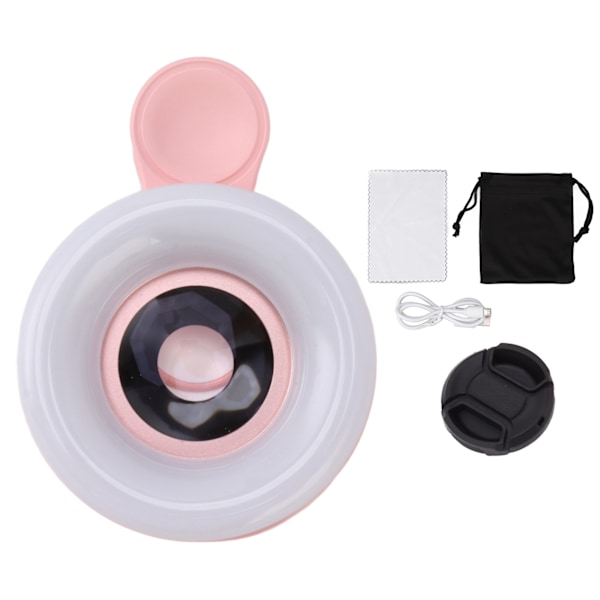 Phone Camera 15X Macro Lens with Mini Clip Ring Light 2800 to 6500K Phone Ring Fill Light Lens for Photography Video Recording Pink