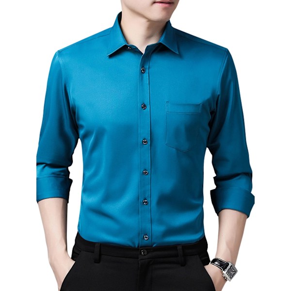 Casual Slim Fit Solid Button Down Dress Shirt for Men - Lake Blue