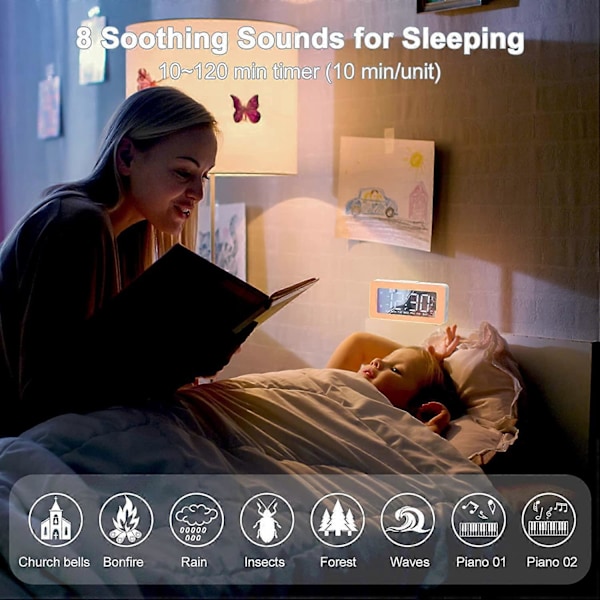 Digital Väckarklocka med 2 Alarm, LED Digital Spegelklocka med 8 Ljuslägen, Snooze, Sömnhjälp, Timer, Elektronisk Väckarklocka med Kontinuerlig
