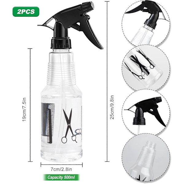 Sprayflaskor för Hår 500ml, Vatten Sprayflaska för Hårrengöring Frisör Påfyllningsbar Klar Tom Trigger Spruta 2-pack