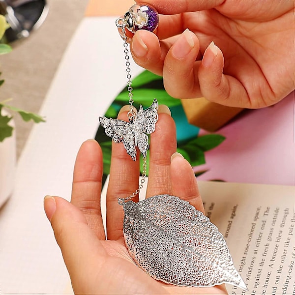 Bogmærker med 3D Sommerfugl Vedhæng Sølvblad Lilla Kugle - Perfekt Lærer Anerkendelse og Fødselsdagsgave til Kvinder, Hende, Mor, Bibliotekar og Bog