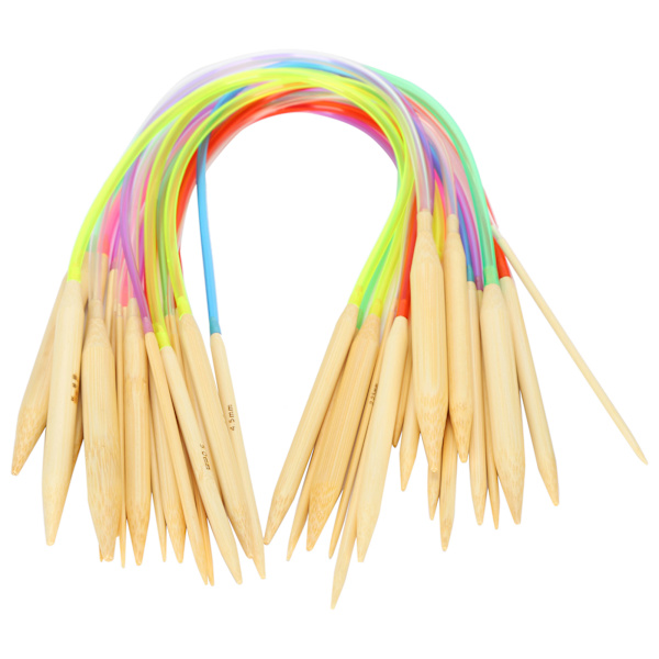 18-osainen pyöröpuikkosetti, kaksiteräinen, bambu, värillinen, joustava putkiliitäntä, neulontatyökalusarja (40 cm)