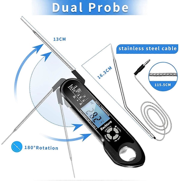 Kjøkkentermometer, Grilltermometer, Matlagingstermometer med Øyeblikkelig Avlesning, Kjøtttermometer, med 2 Lange Prober og LCD-Skjerm, for Grill, Mat, Kjøtt
