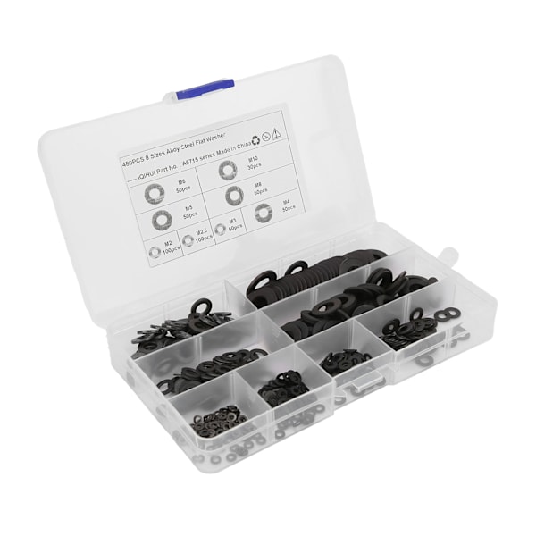 480 stk. flade skiver sortiment M2 M2.5 M3 M4 M5 M6 M8 M10 kulstofstål hardware til bil hjem