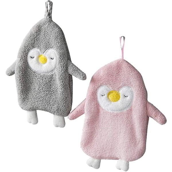 2 st Hängande Handdukar med Spänne Hem Badrum Kök Absorberande Tvättbar Tecknad Pingvin Handduk Korallfleece för Barn Flickor Vuxna Grå Rosa