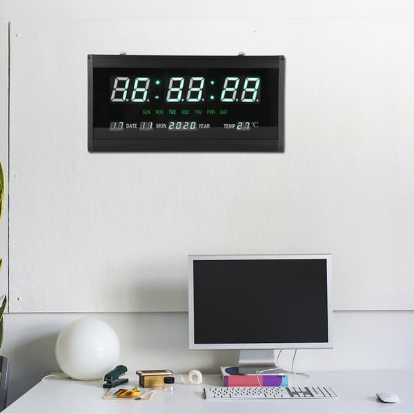 LED Digital Evighetskalender Hängande Klocka Vardagsrum Kontor Väggklocka EU-kontakt 110-220V Svart Ram Grön Siffra