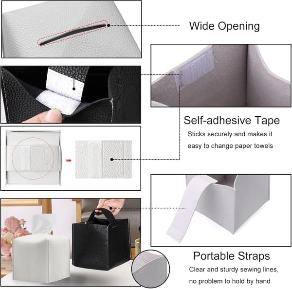 Tissue Holder, Square PU Leather Tissue Box Cover, Waterproof Modern Tissue Box Holder with Bottom Strap, Decorative Foldable Tissue Box Cover